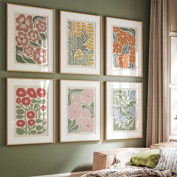 Set di 6 stampe floreali astratte in stile boho, stampe artistiche botaniche vintage, stampe in terracotta, poster del mercato dei fiori, decorazioni murali floreali vintage
