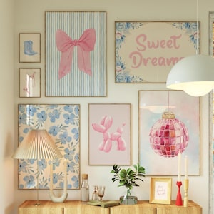Blue and Pink Preppy Set of 8, Aesthetic Coastal Wall Art, Trendy Girls Dorm Decor, How Lucky Are We, Coquette Bow Boots, Sweet Dreams