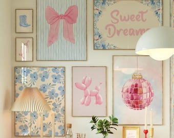 Blue and Pink Preppy Set of 8, Aesthetic Coastal Wall Art, Trendy Girls Dorm Decor, How Lucky Are We, Coquette Bow Boots, Sweet Dreams