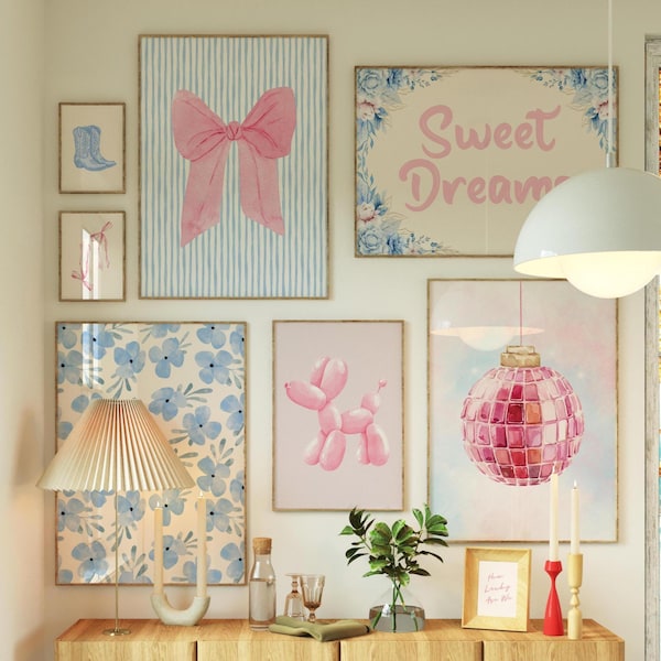 Blue and Pink Preppy Set of 8, Aesthetic Coastal Wall Art, Trendy Girls Dorm Decor, How Lucky Are We, Coquette Bow Boots, Sweet Dreams