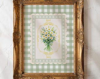 Kunstprint van de geboortebloem van de aprilmargriet, vintage botanische poster met ruitjespatroon.
