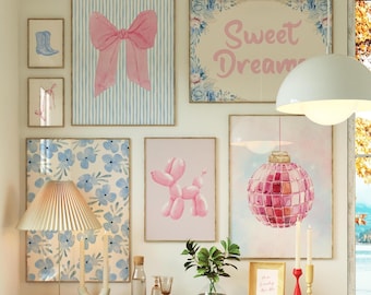 Blue and Pink Preppy Wall Art Set of 8, Coquette Dorm Decor for Teen Girls