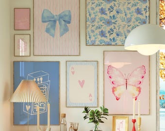 Pink and Blue Preppy Wall Art Set of 8, Coastal How Lucky Are We Print, Coquette Dorm Decor, Digital Download