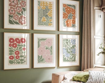 Boho Abstract Flowers Print Set of 6, Botanical Vintage Art Print, Terracotta Prints, Flower Market Poster, Vintage Flower Wall Art