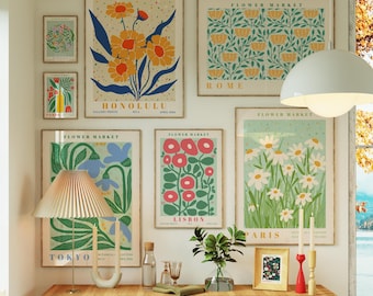 Flower Market Print Set of 16, Trendy Floral Posters, Custom Botanical Wall Art, Colorful Flower Gallery Poster Series, Digital Download