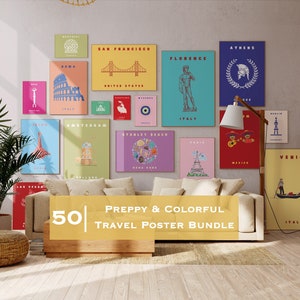 Preppy Travel Poster Bundle Set of 50, Colorful Maximalist Decor, Trendy Dorm Room Prints, Vintage Travel Prints
