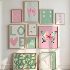 Pink and Green Preppy Wall Art Set of 10, Coquette Dorm Collage Poster Set