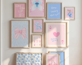 Pink and Blue Preppy Gallery Wall Set of 10 for Coquette Dorm Room Decor