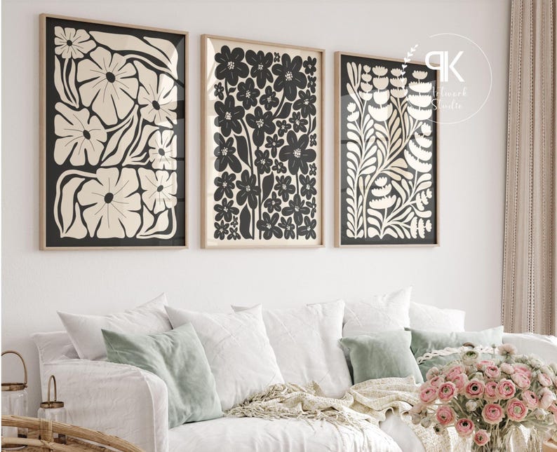 Beige Black Abstract Botanical Set of 6, Neutral Printable Art, Floral Illustration Botanical Poster, Bohemian Flower Market Wall Decor