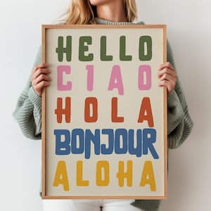 Colorful Hello Print, Retro Typography Gallery Wall Art, Hola Ciao Aloha Bonjour, Digital Download