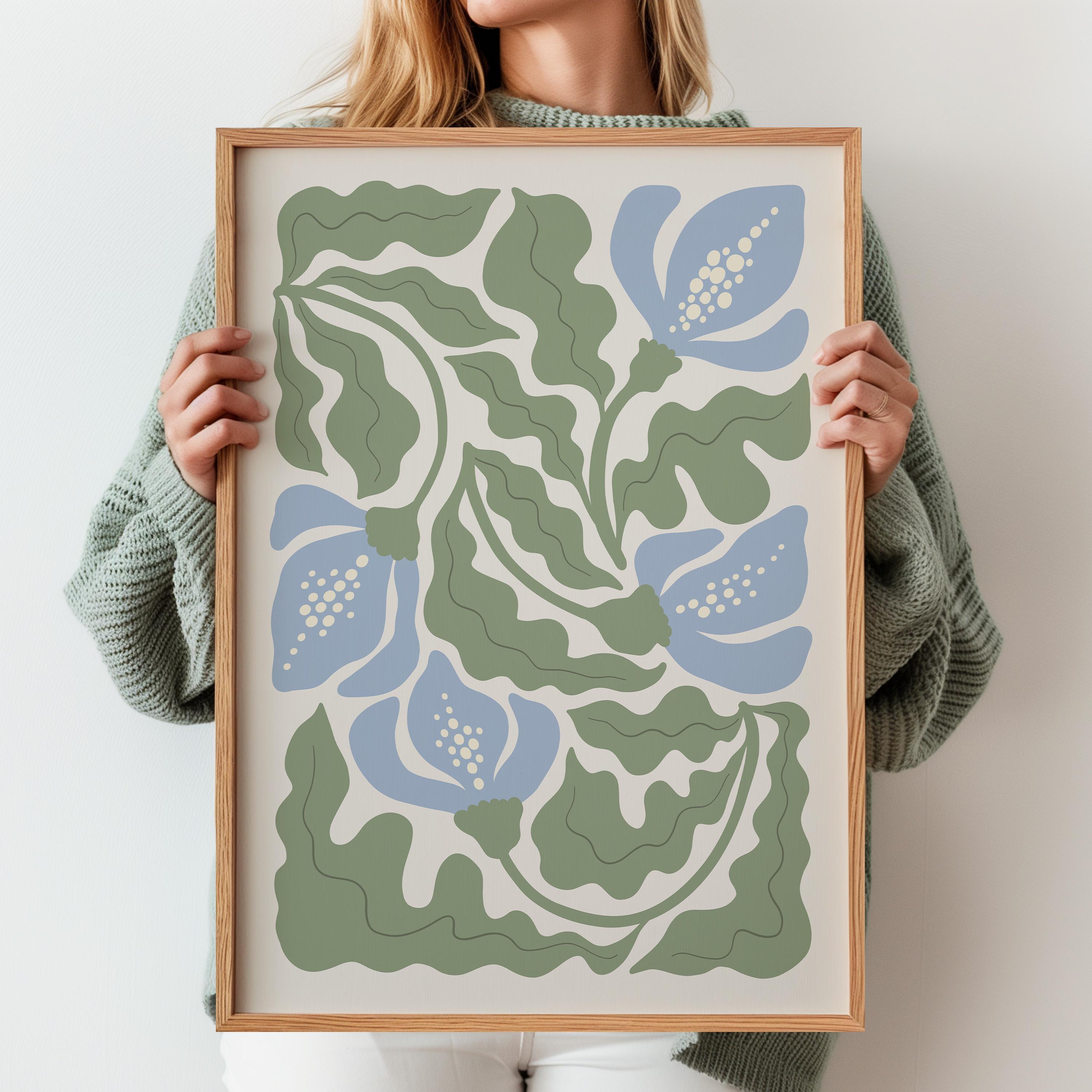 Blue & Green Boho Abstract Flower Print,  Terracotta Vintage Botanical Art, Flower Market, Digital Download