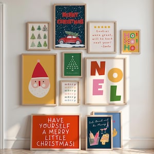 Set of 25 Christmas Wall Art Prints, Trendy Holiday Wall Decor, Colorful Xmas Art, Vintage Winter Print, Dorm Room Art, Digital Download