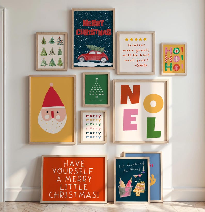 Set of 25 Christmas Wall Art Prints, Trendy Holiday Wall Decor, Colorful Xmas Art, Vintage Winter Print, Dorm Room Art, Digital Download