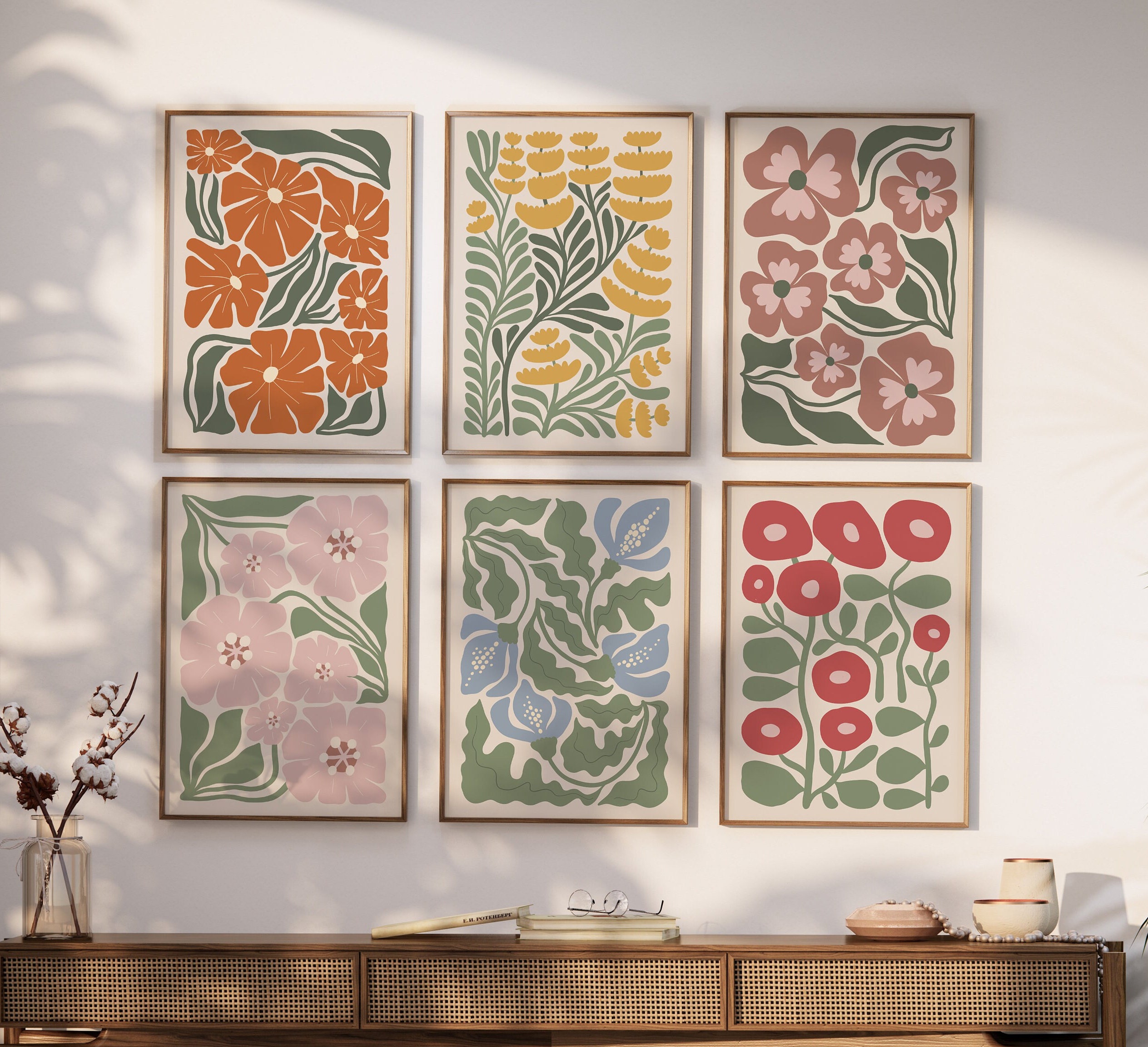 Boho Abstract Flowers Print Set of 6, Botanical Vintage Art Print ...