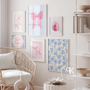 Blue and Pink Preppy Set of 8, Aesthetic Coastal Wall Art, Trendy Girls Dorm Decor, How Lucky Are We, Cute Coquette Bow Boots, Sweet Dreams