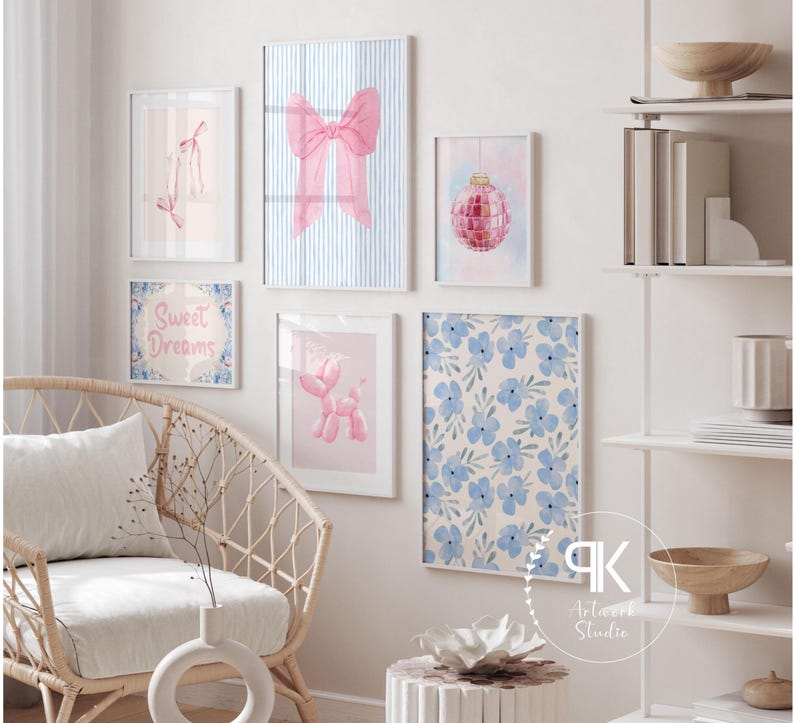 Blue and Pink Preppy Set of 8, Aesthetic Coastal Wall Art, Trendy Girls Dorm Decor, How Lucky Are We, Cute Coquette Bow Boots, Sweet Dreams