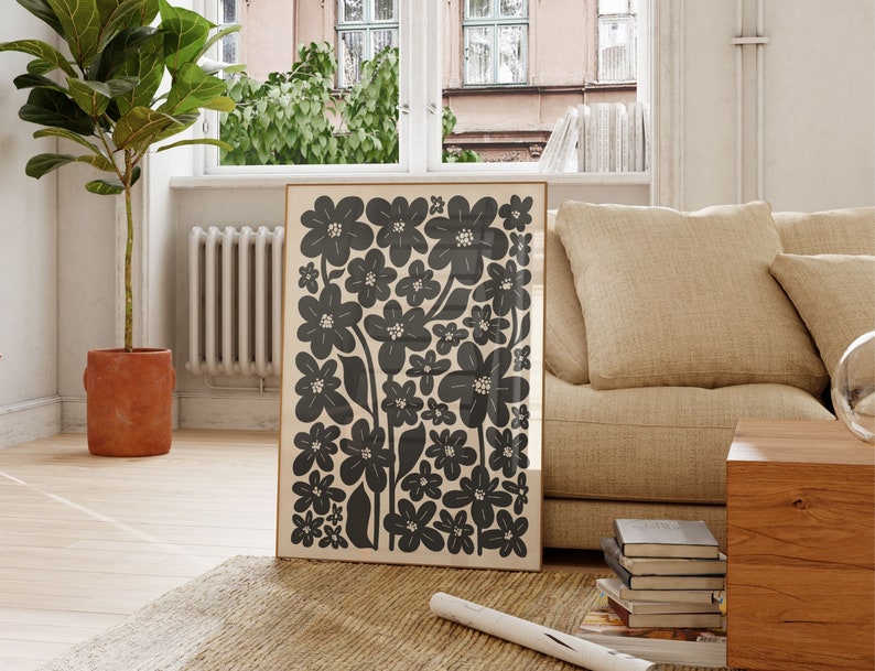 Beige Black Abstract Botanical Set of 6, Neutral Printable Art, Floral Illustration Botanical Poster, Bohemian Flower Market Wall Decor