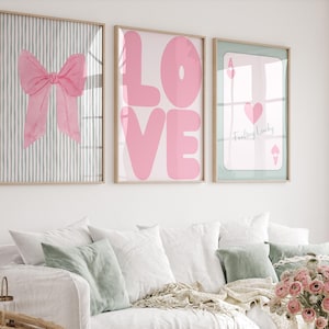 Trendy roze en groene strikken muurkunst set van 3, preppy meisjes slaapzaaldecoratie, esthetische speelkaartkunst, schattige flirtstrikkunst, retro liefdesposter