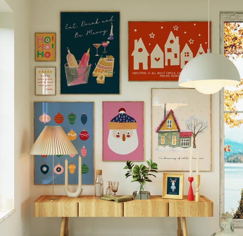 Set of 25 Christmas Wall Art Prints, Trendy Holiday Wall Decor, Colorful Xmas Wall Art, Vintage Winter Print, Digital Download