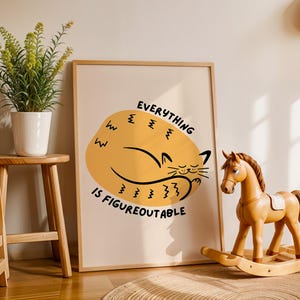 Everything Is Figureoutable Print, Uplifting Quote Print, Inspirational Art, Affirmation Poster, Kids Motivational Decor, Cute Cat Wall Art