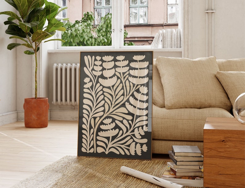 Beige Black Abstract Botanical Set of 6, Neutral Printable Art, Floral Illustration Botanical Poster, Bohemian Flower Market Wall Decor