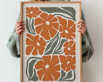 Orange and Green Boho Abstract Flower Print, Botanical Vintage Art Print, Terracotta Print, Flower Market Poster, Vintage Flower Wall Art