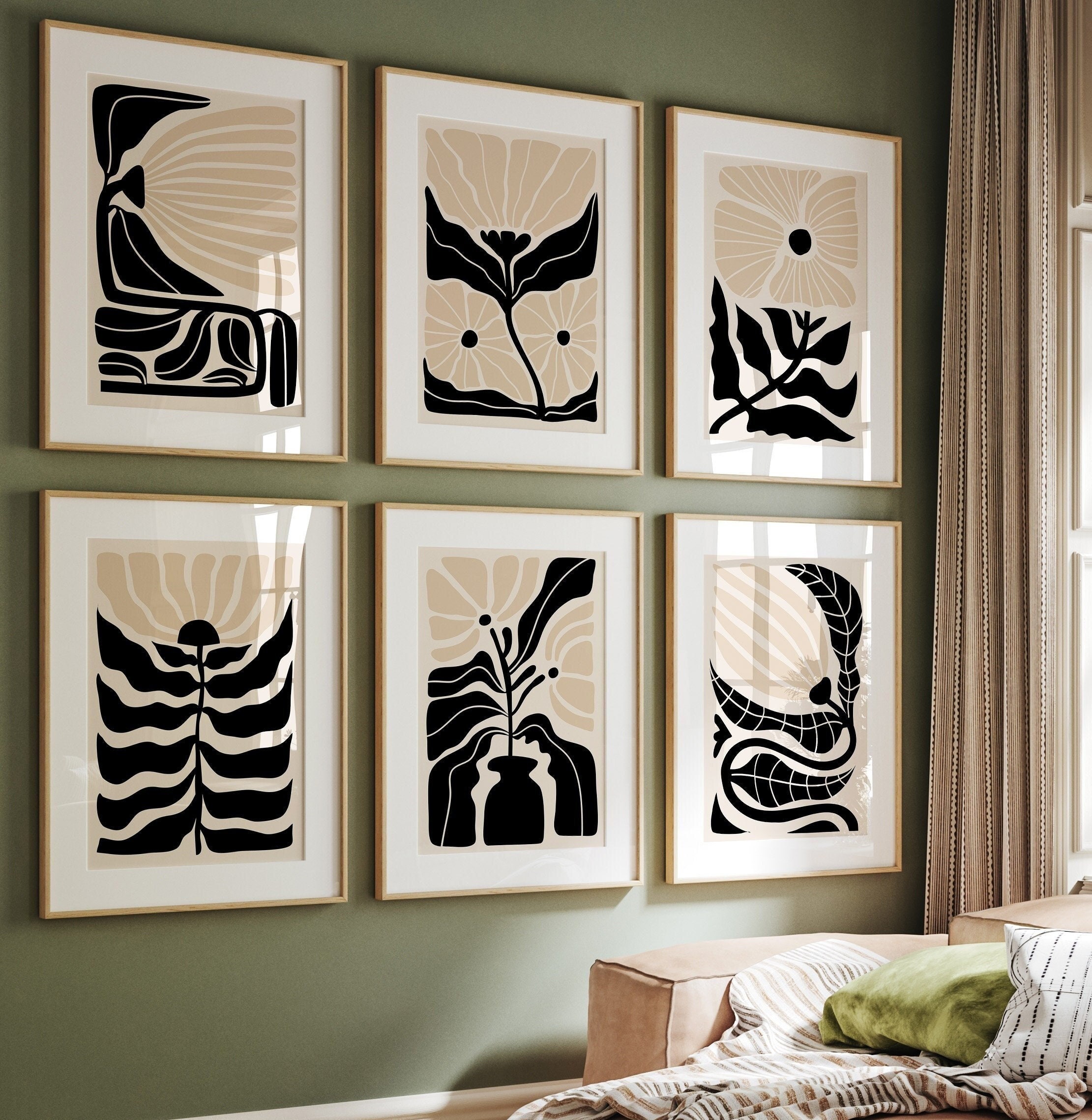 Black and Beige Boho Abstract Flowers Print Set of 6, Botanical Vintage Art Print, Modern Terracotta Prints, Matisse Style Flower Market Art
