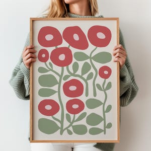 Red & Green Boho Abstract Flower Print,  Terracotta Vintage Botanical Art, Flower Market, Digital Download