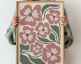 Pink and Green Boho Abstract Flower Print, Botanical Vintage Art Print, Terracotta Print, Flower Market Poster, Vintage Flower Wall Art