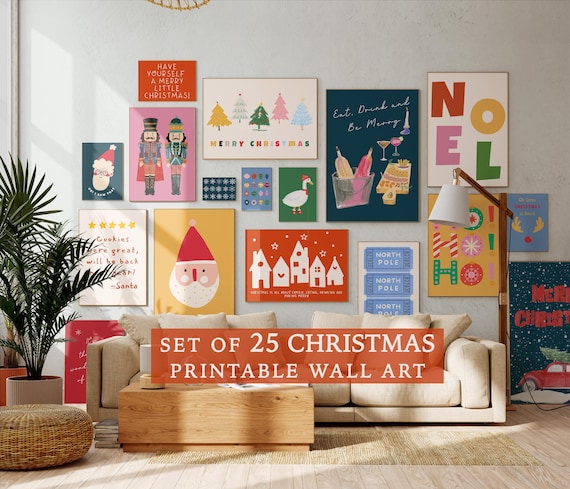 Set of 25 Christmas Wall Art Prints, Trendy Holiday Wall Decor, Colorful Xmas Art, Vintage Winter Print, Digital Download