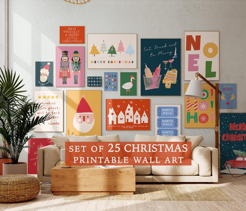 Set of 25 Christmas Wall Art Prints, Trendy Holiday Wall Decor, Colorful Xmas Wall Art, Vintage Winter Print, Digital Download