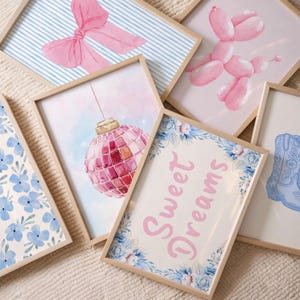 Blue and Pink Preppy Set of 8, Aesthetic Coastal Wall Art, Trendy Girls Dorm Decor, How Lucky Are We, Cute Coquette Bow Boots, Sweet Dreams