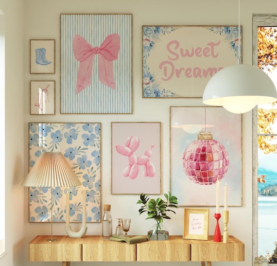 Blue and Pink Preppy Wall Art Set of 8, Coquette Dorm Decor for Teen Girls
