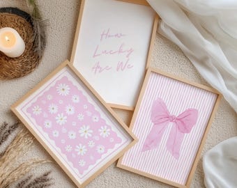 Pink Striped Bow and Chinoiserie Floral Gallery Wall Set for Dorm