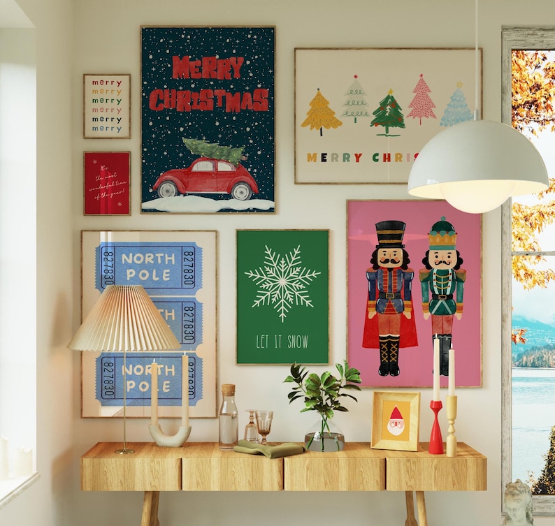 Set of 25 Christmas Wall Art Prints, Trendy Holiday Wall Decor, Colorful Xmas Wall Art, Vintage Winter Print, Digital Download