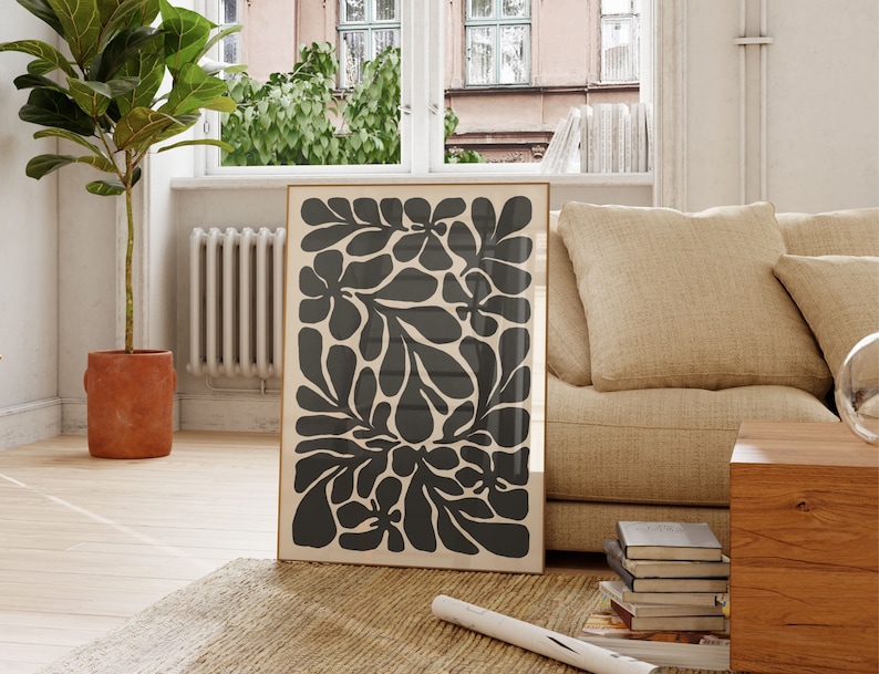 Beige Black Abstract Botanical Set of 6, Neutral Printable Art, Floral Illustration Botanical Poster, Bohemian Flower Market Wall Decor