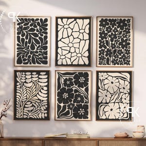 Beige Black Abstract Botanical Set of 6, Neutral Printable Art, Floral Illustration Botanical Poster, Bohemian Flower Market Wall Decor