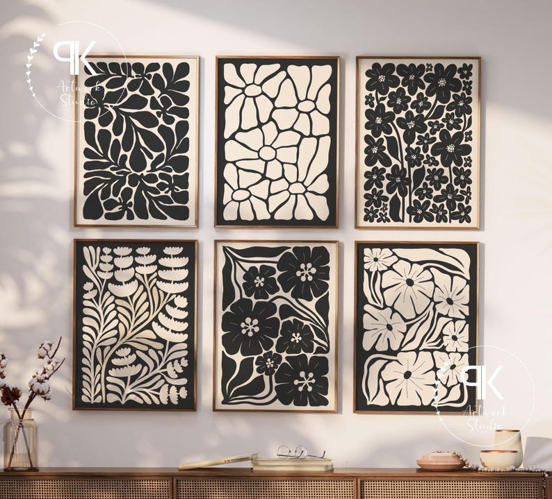 Beige Black Abstract Botanical Set of 6, Neutral Printable Art, Floral Illustration Botanical Poster, Bohemian Flower Market Wall Decor