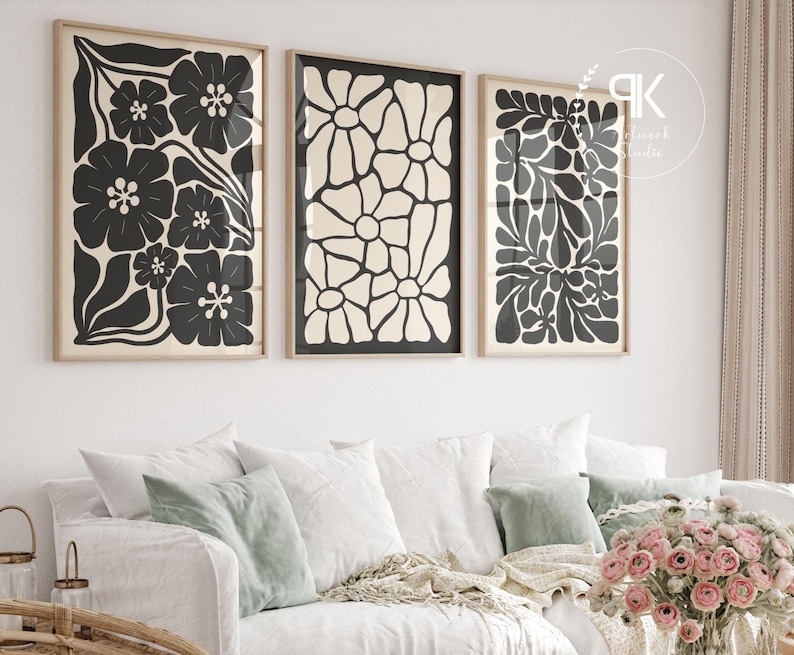 Beige Black Abstract Botanical Set of 6, Neutral Printable Art, Floral Illustration Botanical Poster, Bohemian Flower Market Wall Decor
