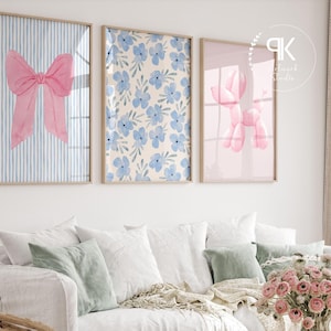 Blue and Pink Preppy Set of 8, Aesthetic Coastal Wall Art, Trendy Girls Dorm Decor, How Lucky Are We, Cute Coquette Bow Boots, Sweet Dreams