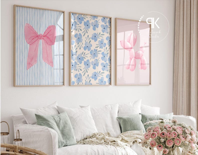 Blue and Pink Preppy Set of 8, Aesthetic Coastal Wall Art, Trendy Girls Dorm Decor, How Lucky Are We, Cute Coquette Bow Boots, Sweet Dreams