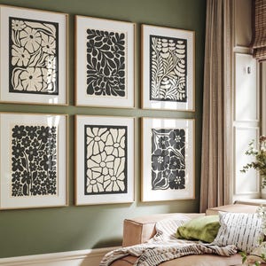 Conjunto de 6 botânicos abstratos bege e pretos, arte imprimível neutra, pôster botânico com ilustração floral, decoração de parede de mercado de flores boho