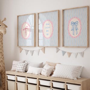 Blue and Pink Watercolor Stripes Preppy Set of 3, Trendy Girls Dorm College Apartment Decor, How Lucky Are We Print, Cute Coquette Bow Art
