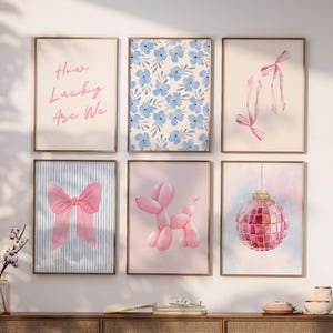 Blue and Pink Preppy Set of 8, Aesthetic Coastal Wall Art, Trendy Girls Dorm Decor, How Lucky Are We, Cute Coquette Bow Boots, Sweet Dreams