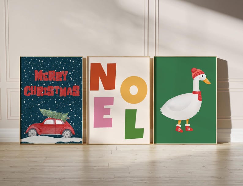Set of 25 Christmas Wall Art Prints, Trendy Holiday Wall Decor, Colorful Xmas Wall Art, Vintage Winter Print, Digital Download