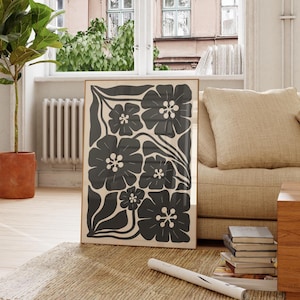 Beige Black Abstract Botanical Set of 6, Neutral Printable Art, Floral Illustration Botanical Poster, Bohemian Flower Market Wall Decor