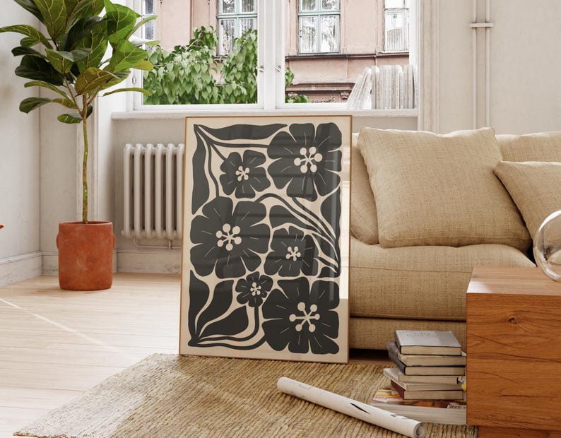 Beige Black Abstract Botanical Set of 6, Neutral Printable Art, Floral Illustration Botanical Poster, Bohemian Flower Market Wall Decor