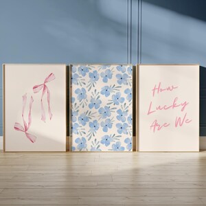 Blue and Pink Preppy Set of 8, Aesthetic Coastal Wall Art, Trendy Girls Dorm Decor, How Lucky Are We, Cute Coquette Bow Boots, Sweet Dreams