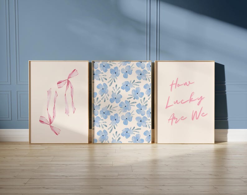 Blue and Pink Preppy Set of 8, Aesthetic Coastal Wall Art, Trendy Girls Dorm Decor, How Lucky Are We, Cute Coquette Bow Boots, Sweet Dreams