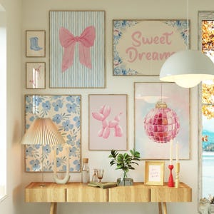 Blue and Pink Preppy Set of 8, Aesthetic Coastal Wall Art, Trendy Girls Dorm Decor, How Lucky Are We, Cute Coquette Bow Boots, Sweet Dreams
